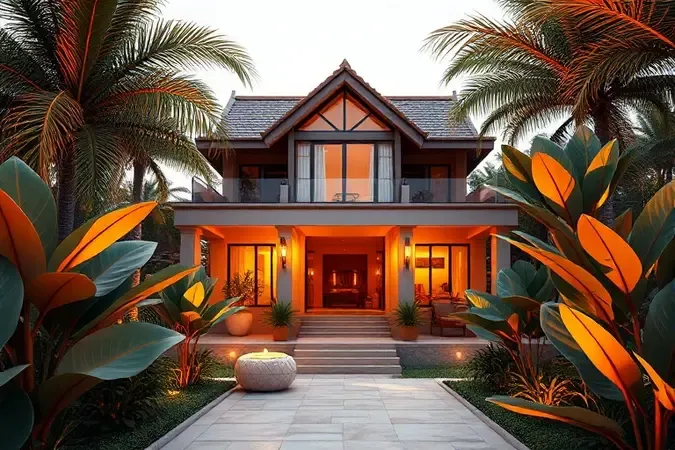 Renderização 3D de uma vila ou bangalô de luxo com arquitetura única e ambiente tropical.