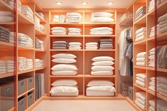 Prateleiras de armário organizadas com lençóis e roupas de cama dobrados de forma impecável e limpa.