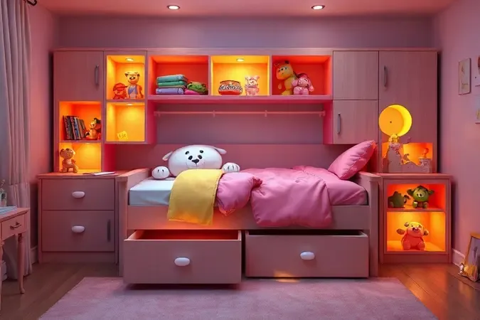 Design 3D de cama infantil funcional com compartimentos de armazenamento e nichos coloridos para otimização de espaço.