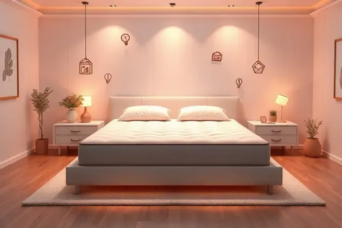 Quarto moderno e minimalista com colchão estilizado centralizado e iluminação suave para escolha do modelo ideal.