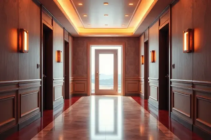 Representação visual de um corredor de hotel moderno e iluminado simbolizando a escolha do melhor quarto.