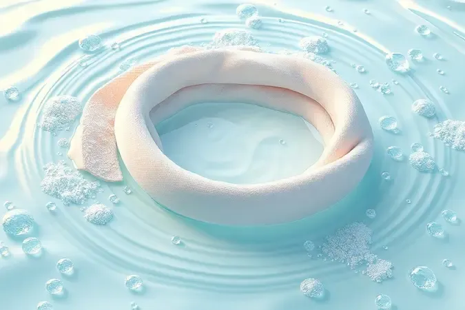 Ilustração conceitual em 3D de gotas de água e frescor sobre tecidos dobrados simbolizando manutenção e lavagem.