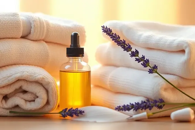Enxoval macio com elementos de frescor e perfume como lavanda em renderização 3D.