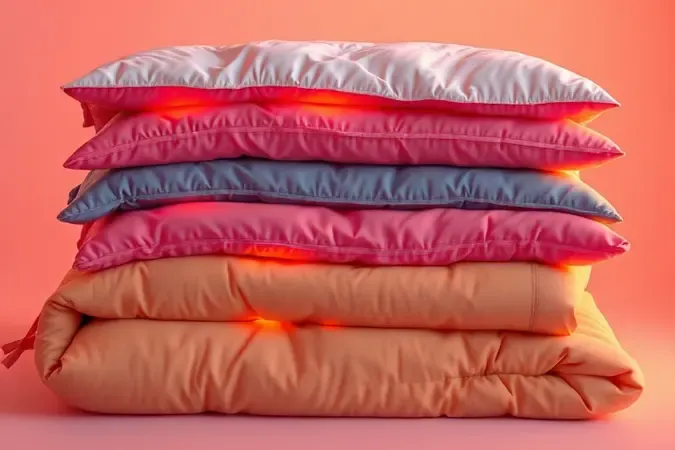 Pilha de edredons e cobertores de diferentes cores e espessuras com texturas macias e iluminação aconchegante.