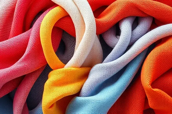 Close-up artístico em 3D de diferentes texturas e fibras de tecido entrelaçadas de forma estilizada e colorida.