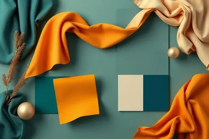 Amostras de tecidos em uma paleta de cores harmoniosa flutuando em um ambiente de design de interiores minimalista.