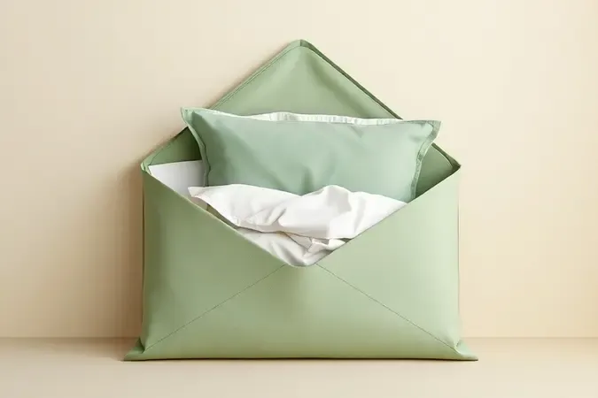 Jogo de cama organizado dentro de uma fronha usando o método envelope em estilo 3D conceitual.