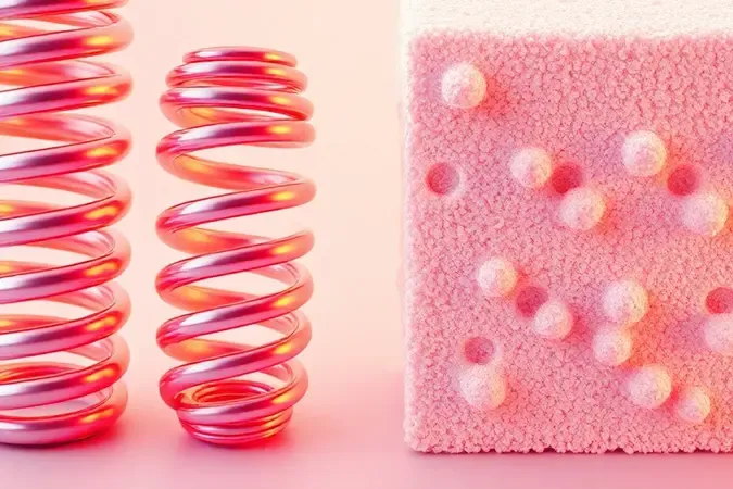 Ilustração 3D conceitual comparando a estrutura de molas ensacadas e espuma de alta densidade.