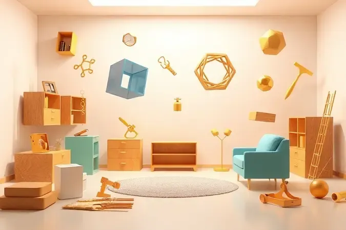 Visualização artística de peças de mobiliário e ferramentas sugerindo a montagem simplificada de uma cama.