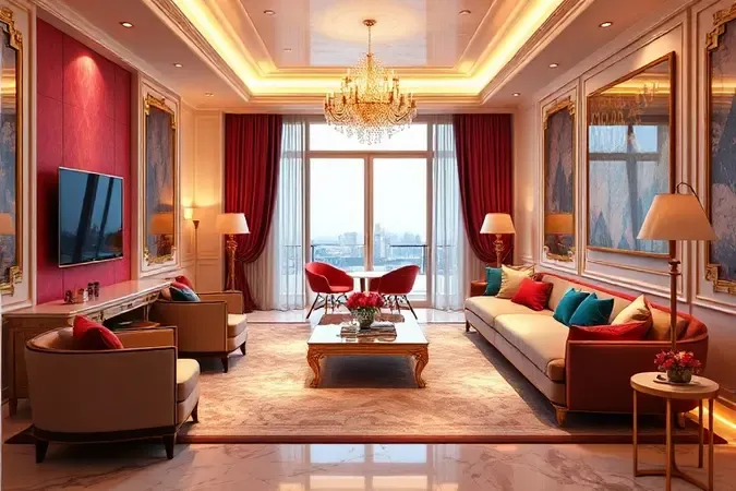 Imagem conceitual 3D de uma suíte presidencial luxuosa com móveis elegantes e design moderno.