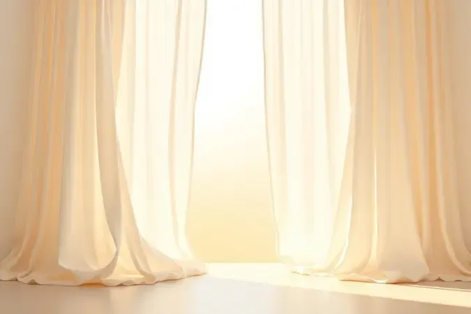 Composição abstrata em 3D de tecidos brancos impecáveis flutuando em um ambiente minimalista e iluminado pelo sol.