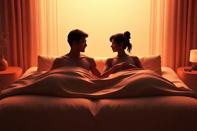Ilustração artística representando o suporte harmônico para diferentes pesos e biotipos de um casal em uma cama queen.