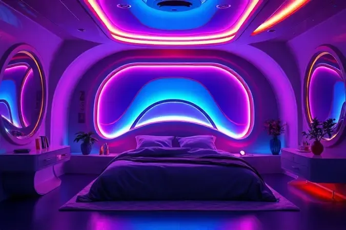 Design futurista de quarto com cabeceira de cama integrada e iluminação neon decorativa.