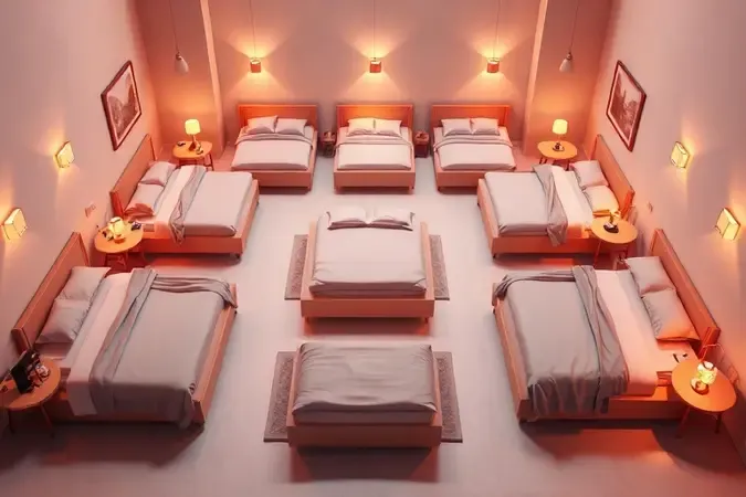 Renderização 3D conceitual mostrando diferentes tipos de camas e disposições em um quarto de hotel.