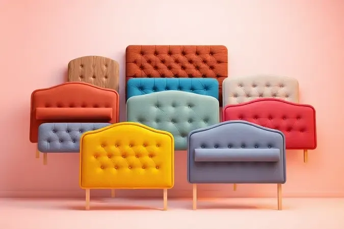 Diferentes estilos e formas conceituais de cabeceiras de cama com texturas variadas e cores vibrantes.