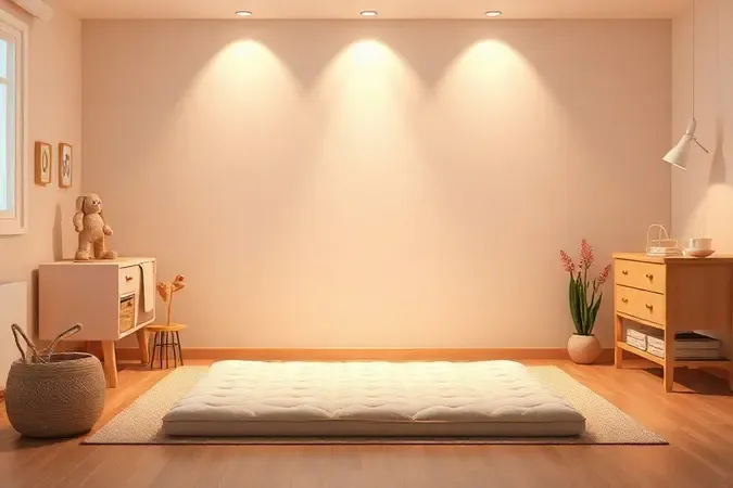 Representação conceitual da transição do berço para a cama montessoriana em um ambiente seguro e acolhedor.