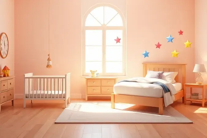 Conceito visual em 3D mostrando a transição suave do berço para a primeira cama infantil em um ambiente lúdico e iluminado.
