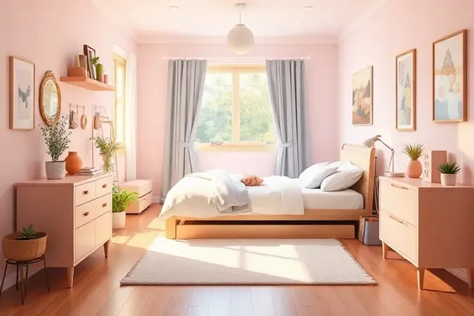 Quarto pequeno otimizado com uma cama box de solteiro moderna e cama auxiliar aberta em tons vibrantes.